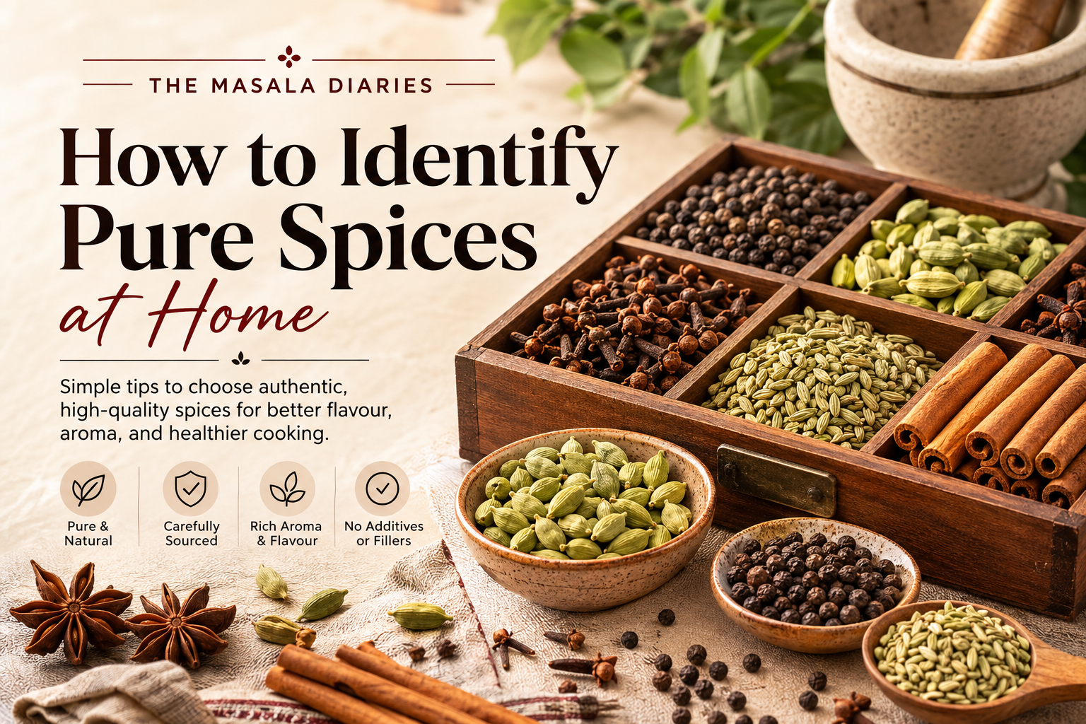 Premium whole Indian spices including green cardamom, cinnamon, cloves, black pepper and fennel seeds on a wooden table.