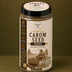 A clear plastic jar of SSRYJA Carom Seed spices, showing the brown seeds inside, with a cream-colored label and black lid, set against a solid olive green background.