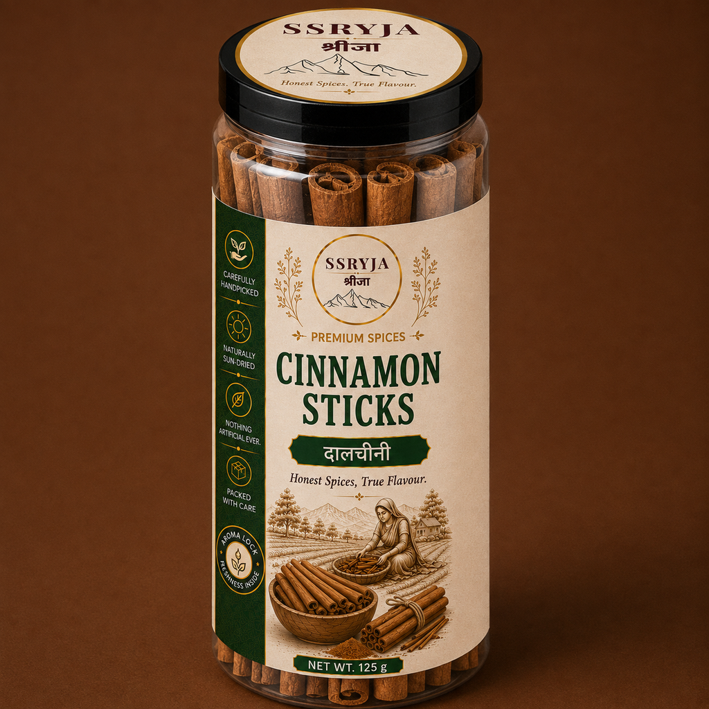 A clear plastic jar of SSRYJA Cinnamon Sticks, showing the brown cinnamon sticks inside, with a cream-colored label and a black lid, set against a solid brown background.