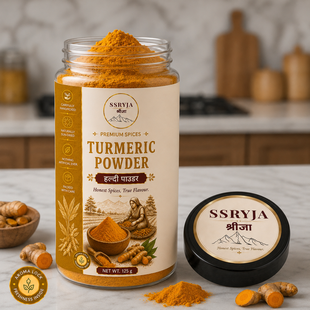 A jar of SSRYJA Turmeric Powder with its lid placed beside it on a marble surface, surrounded by turmeric roots and a small pile of orange powder. The jar has a cream label with gold and brown text, and the lid is black with a matching cream label.