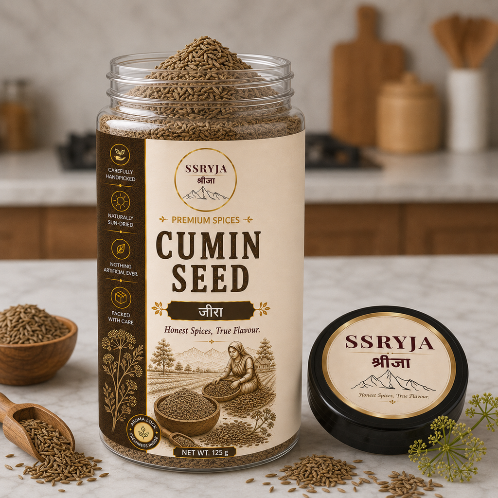 A jar of SSRYJA Cumin Seed spice mix with its lid placed beside it on a kitchen countertop. The clear jar shows the cumin seeds inside, and the label reads 'Cumin Seed' with additional text and illustrations.