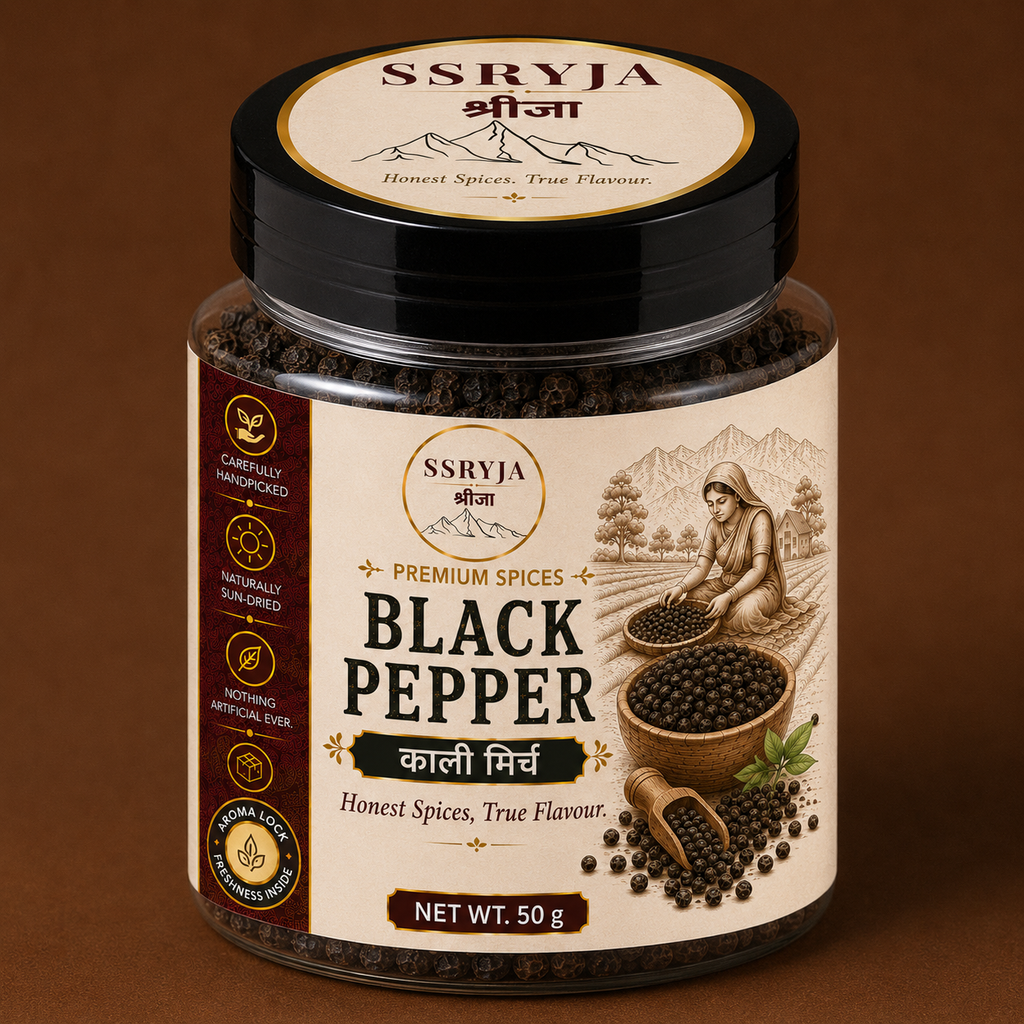 A 50g jar of SSRYJA Premium Spices Black Pepper, featuring a cream-colored label with illustrations of a woman harvesting black peppercorns, a wooden bowl of peppercorns, and a black lid, set against a solid brown background.