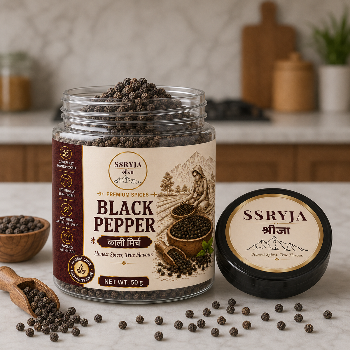 A jar of SSRYJA Black Pepper spices with its lid placed beside it on a kitchen counter, with scattered whole black peppercorns around the base and a small bowl of peppercorns on the left.