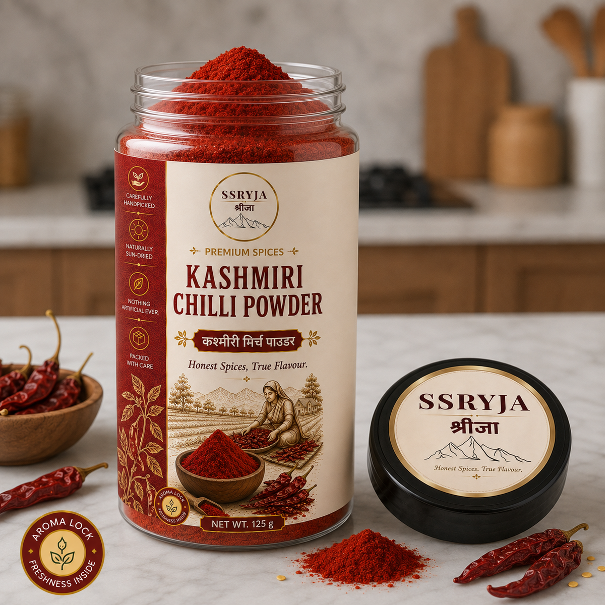 A jar of SSRYJA Kashmiri Chilli Powder is shown on a marble countertop with scattered red chili powder and whole dried red chilies. The jar has a cream and dark red label with illustrations, and its lid sits to the right.