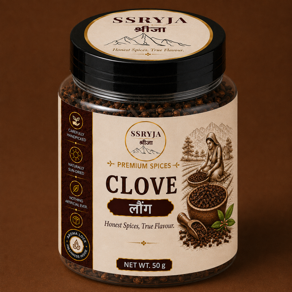 A 50g jar of SSRYJA Clove premium spice on a solid brown background. The jar has a black lid and a cream-colored label with illustrations of a woman grinding cloves and loose spices.