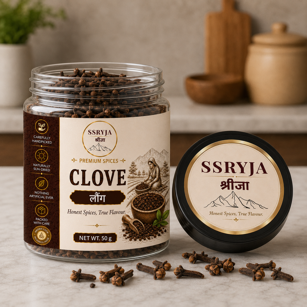A jar of SSRYJA Clove spices with its lid placed beside it on a marble surface, with a few loose cloves scattered in front. The background shows a softly blurred kitchen setting with wooden containers.