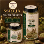Two SSRYJA spice jars on a warm brown styled background with spices and decorative elements. The larger jar is labeled Fennel Seed, and the smaller jar is labeled Green Cardamom.