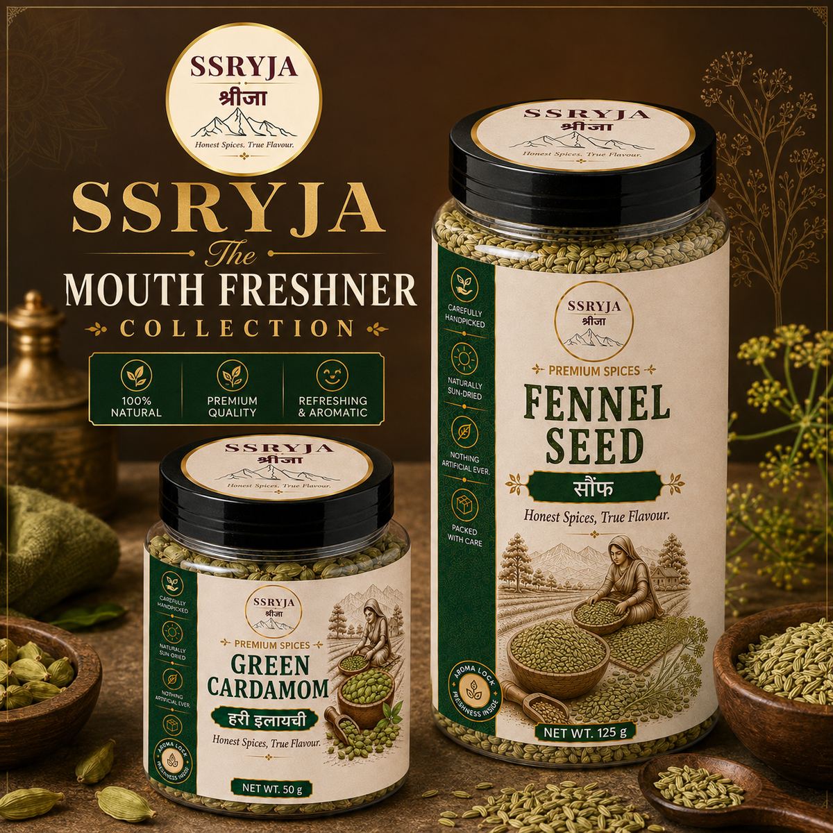 Two SSRYJA spice jars on a warm brown styled background with spices and decorative elements. The larger jar is labeled Fennel Seed, and the smaller jar is labeled Green Cardamom.