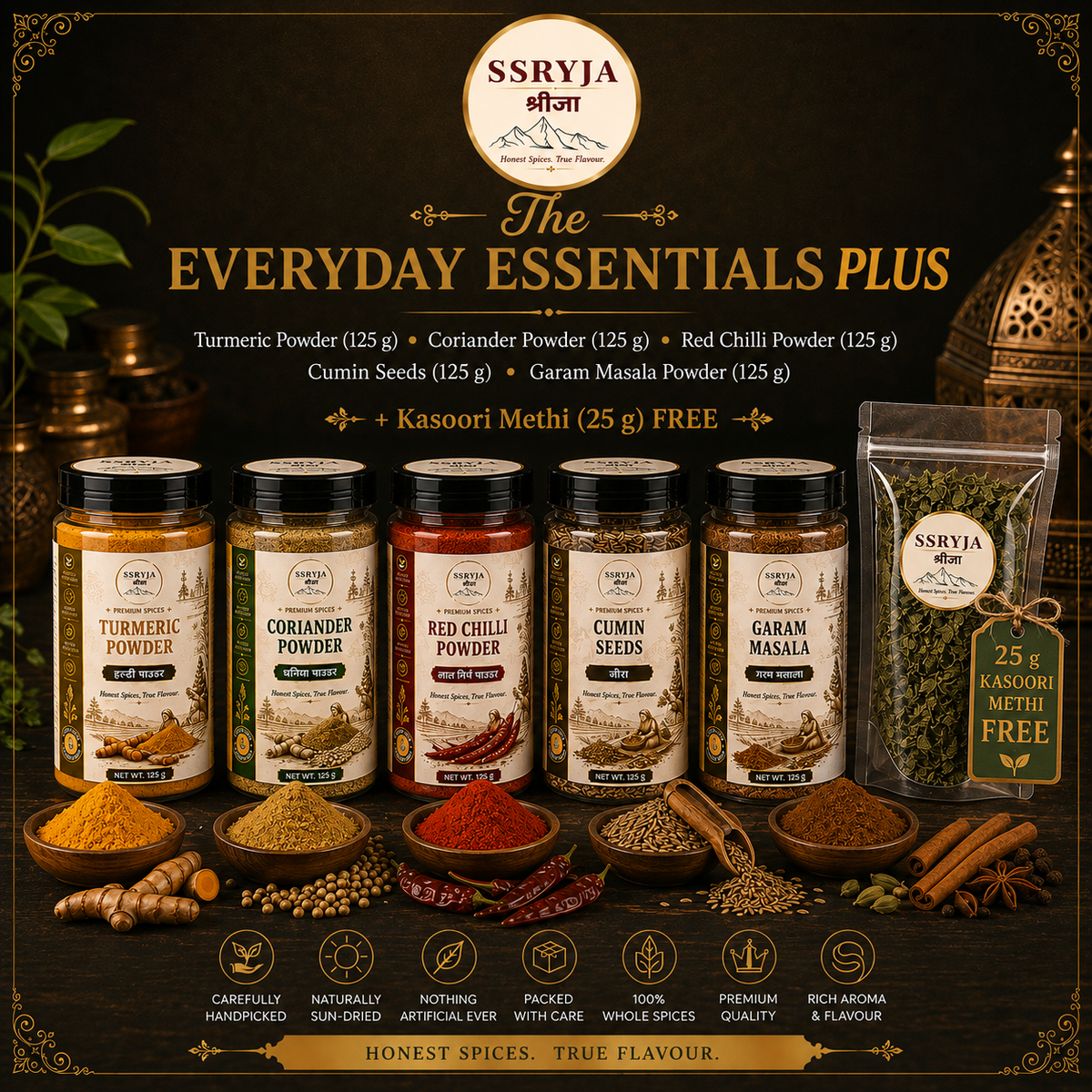 SSRYYA Everyday Essentials Plus spice mix set featuring five glass jars of turmeric, coriander, red chili, cumin seeds, and garam masala powder, alongside a 25g packet of kasoori methi. The products are arranged on a dark brown background with decorative bowls of the spice blends, whole spices, and turmeric root.
