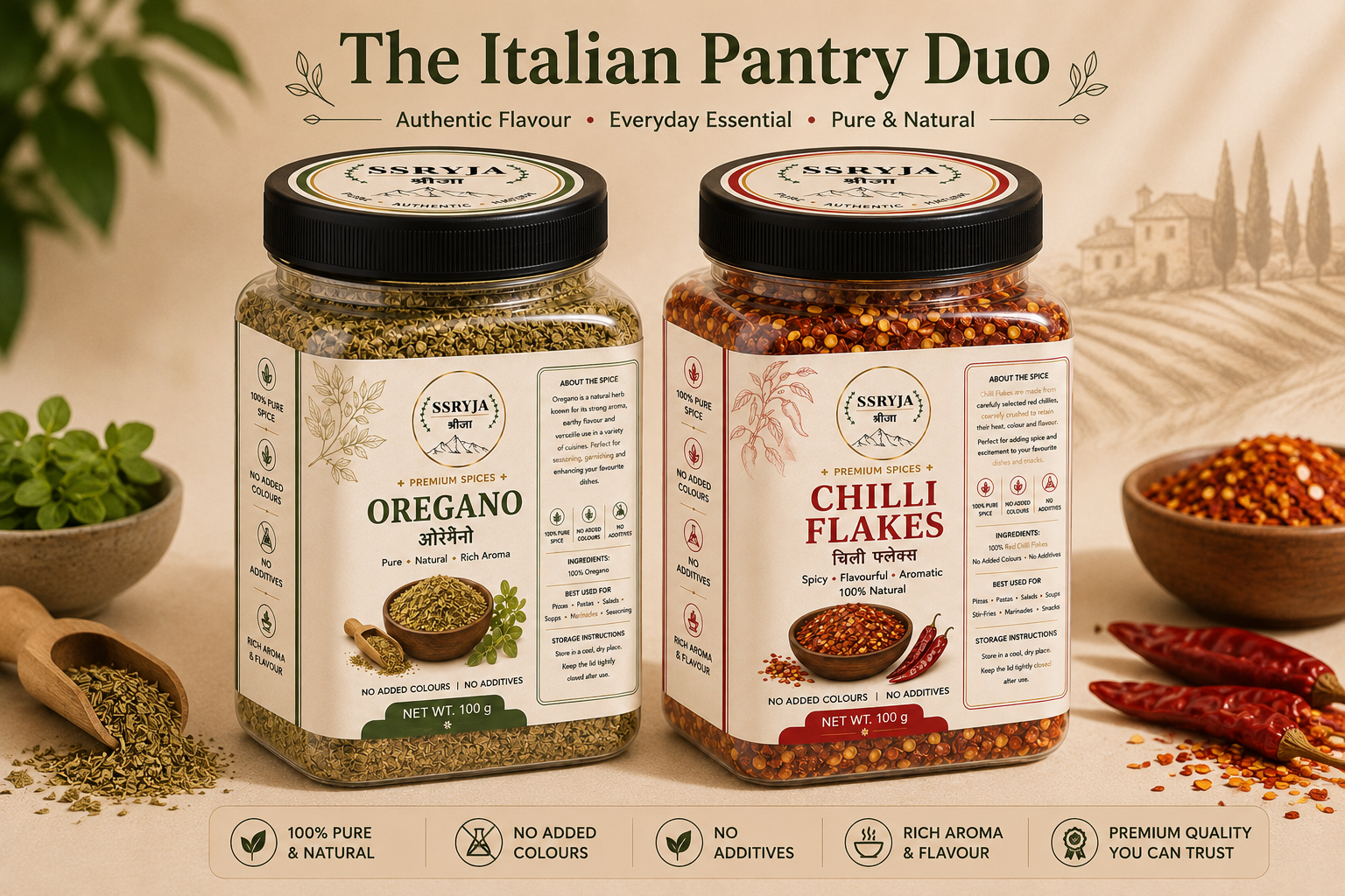 SSRYJA Italian Pantry Duo – Oregano & Chilli Flakes | 2 Premium Jars • 100g Each
