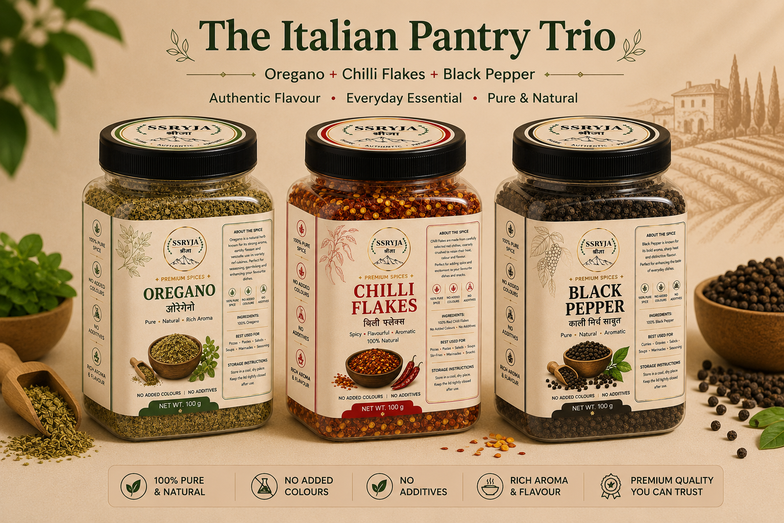 SSRYJA Italian Pantry Trio – Oregano, Chilli Flakes & Black Pepper