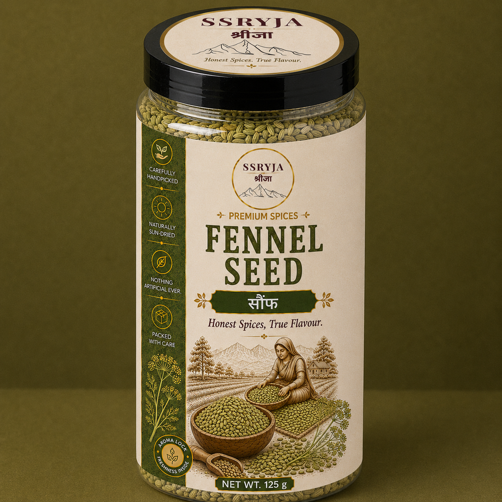 A jar of SSRYJA Fennel Seed premium spice, featuring a cream-colored label with green illustrations of fennel plants and a farmer, set against a solid olive green background.