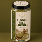A jar of SSRYJA Fennel Seed premium spice, featuring a cream-colored label with green illustrations of fennel plants and a farmer, set against a solid olive green background.