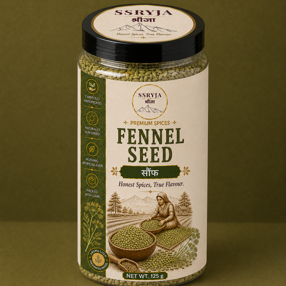 A jar of SSRYJA Fennel Seed premium spice, featuring a cream-colored label with green illustrations of fennel plants and a farmer, set against a solid olive green background.
