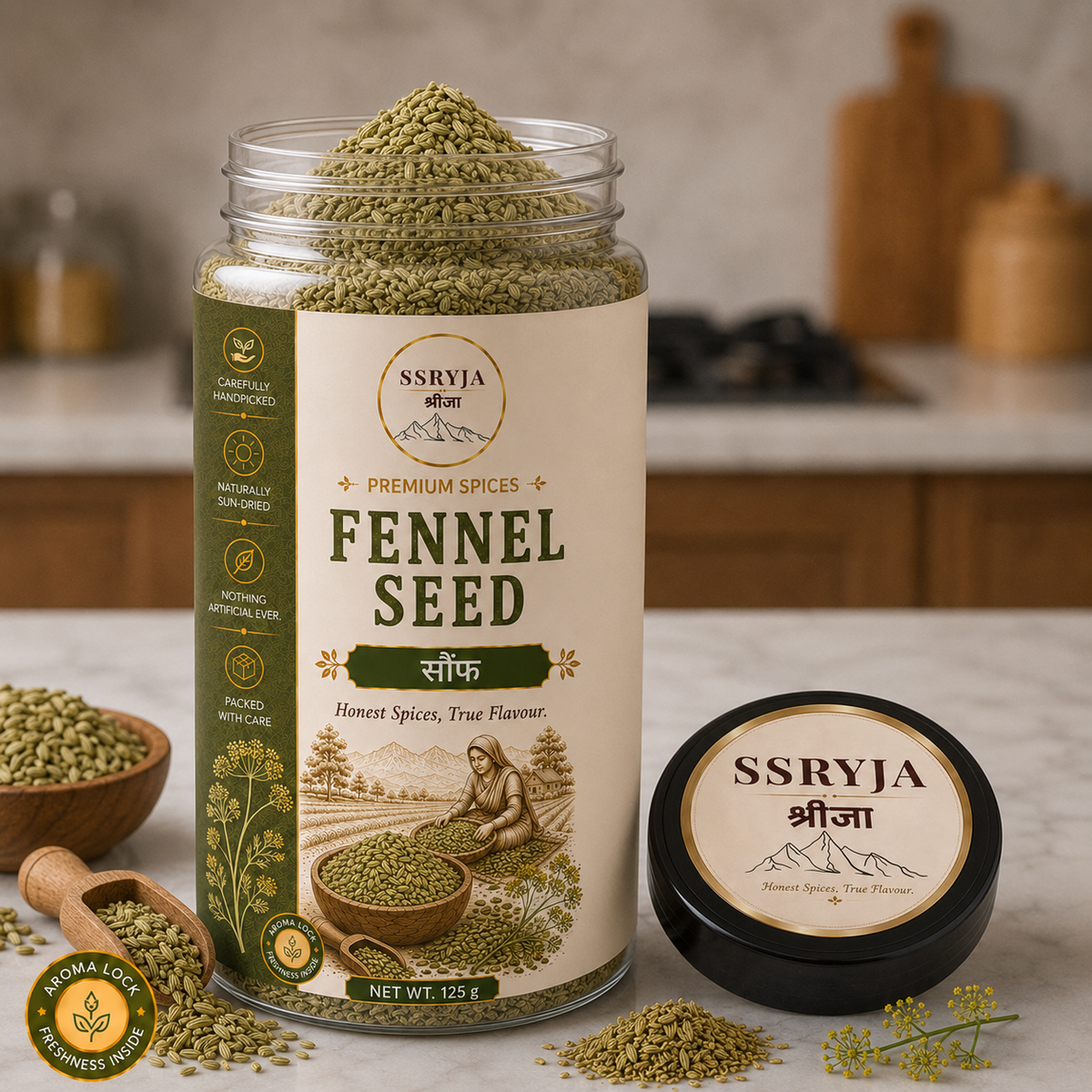 A jar of SSRJYA Fennel Seed spices with a cream and olive green label, shown alongside the black lid and loose fennel seeds on a kitchen counter.