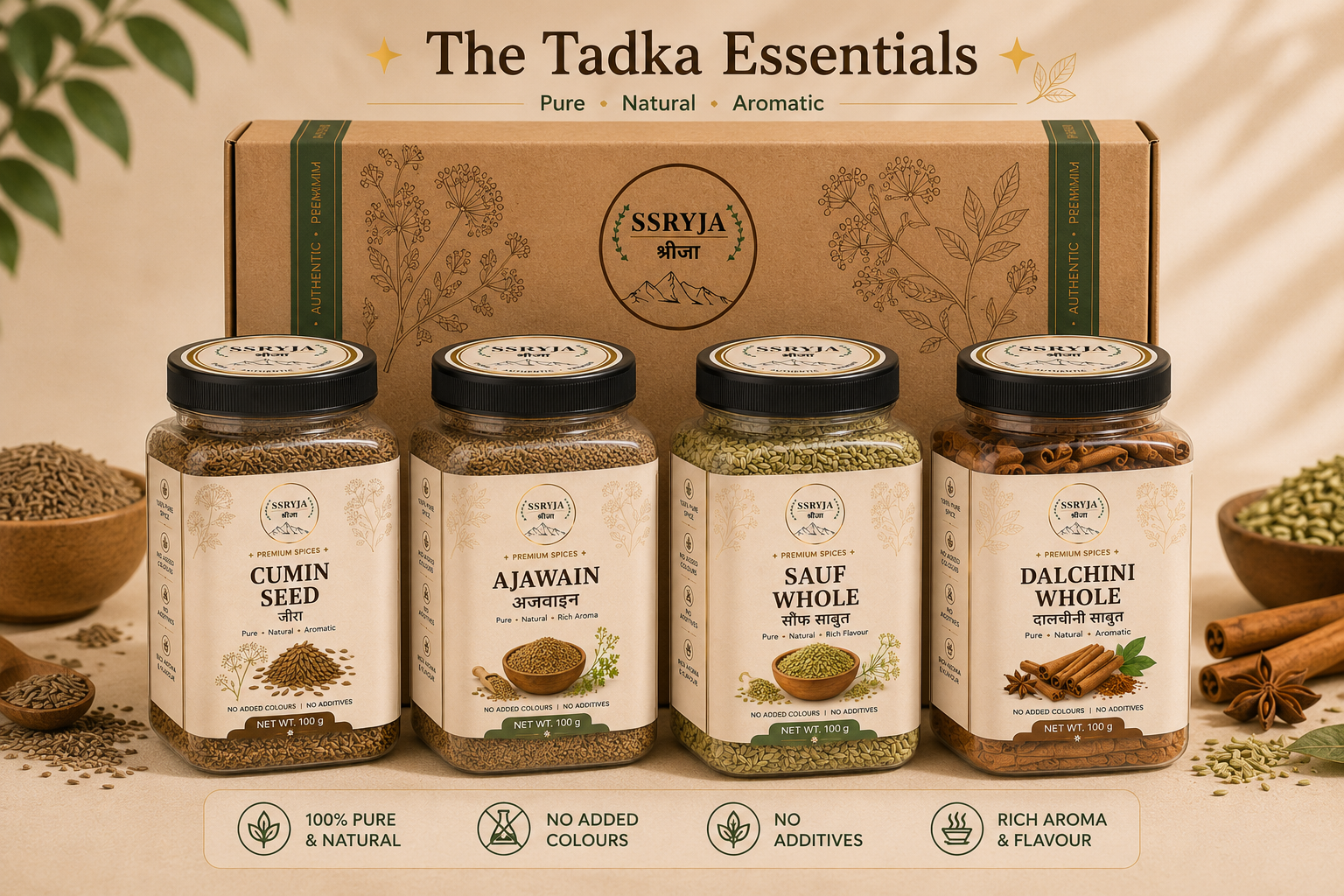 SSRYJA Tadka Essentials Collection – Jeera, Ajwain, Saunf & Dalchini | 4 Premium Jars • 100g Each