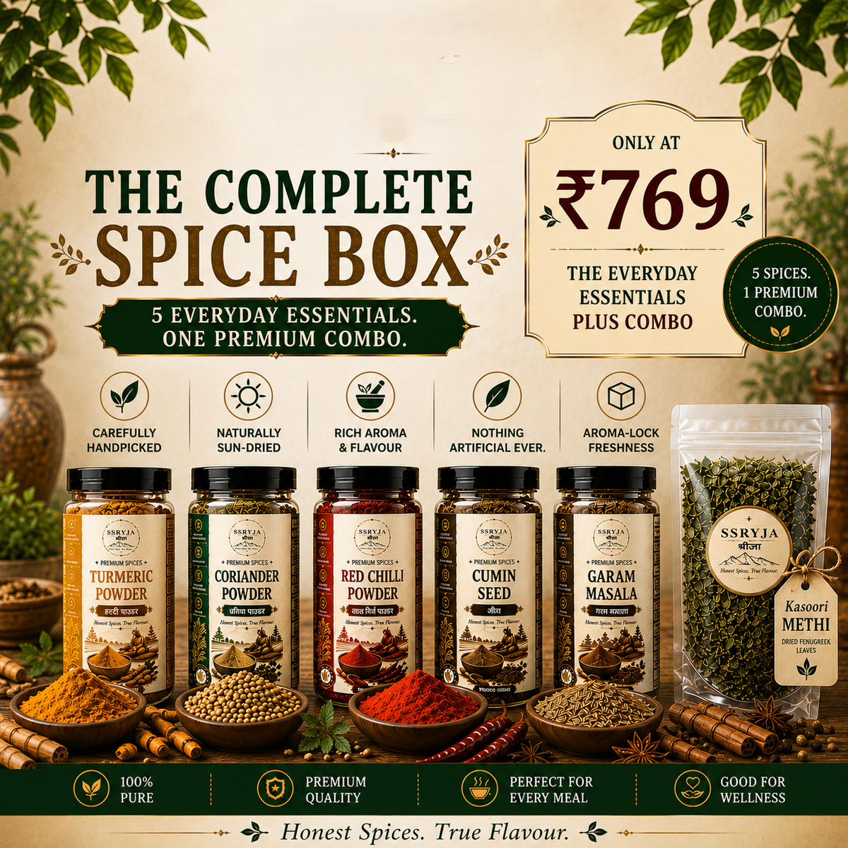 A promotional banner for 'The Complete Spice Box' by Ssrya Spices, featuring five spice jars and a pouch of Masala Chai ingredients on a rustic beige background with decorative green leaves. The products include Turmeric Powder, Coriander Powder, Red Chilli Powder, Cumin Seed, and Garam Masala, along with Kasuri Methi.
