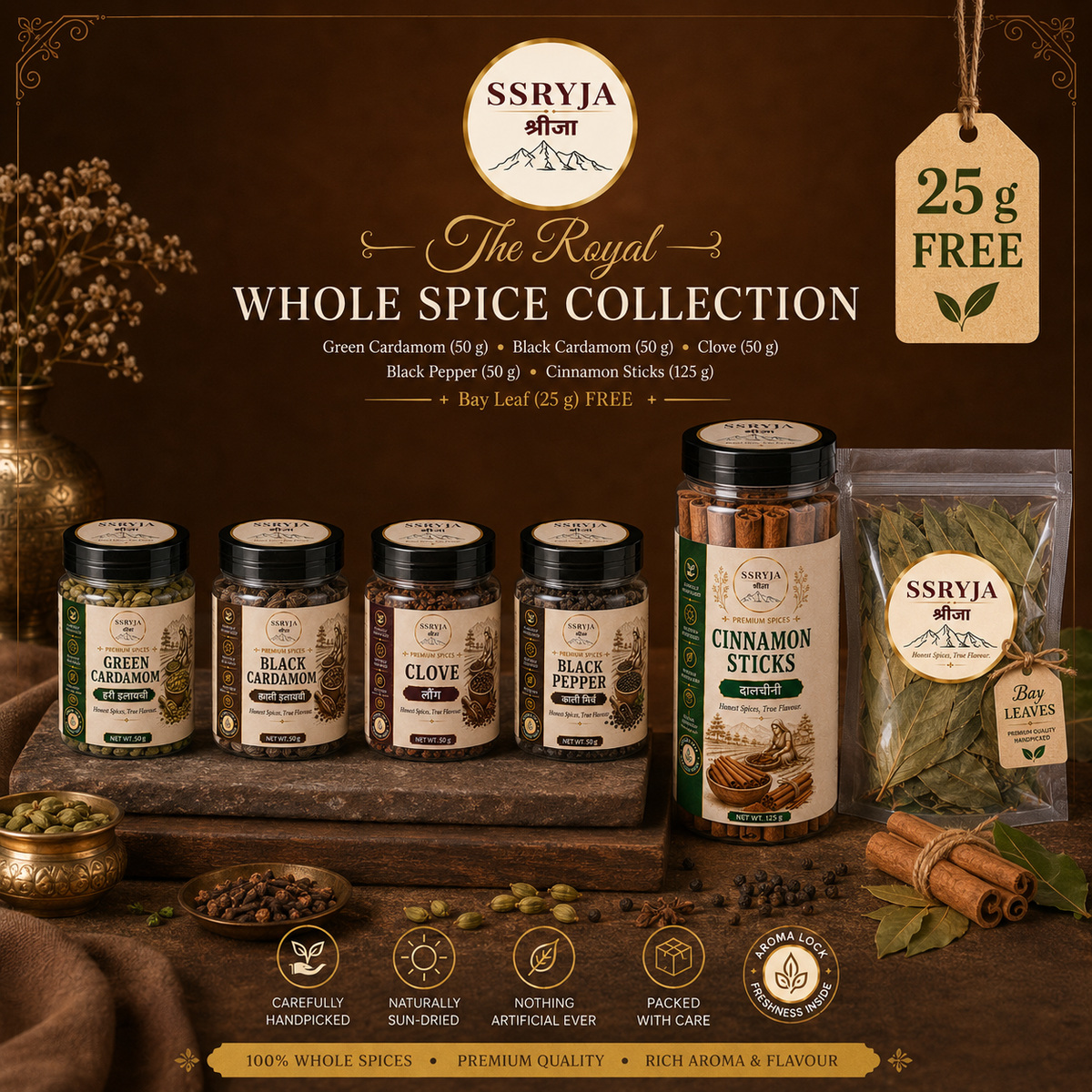 SSRYJA The Royal Whole Spice Collection 350g premium whole spices combo with green cardamom, black cardamom, cloves, black pepper, cinnamon and bay leaf